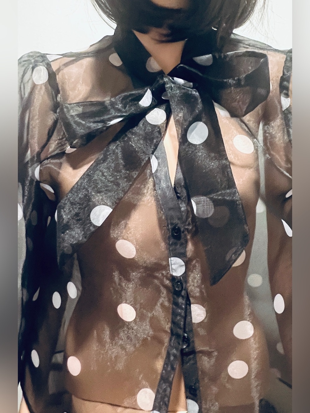 White House Black Market Black Sheer Polka Dot Bow Blouse